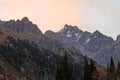 Early morning over the mountain peaks of the Zailiyskiy alatau. Royalty Free Stock Photo